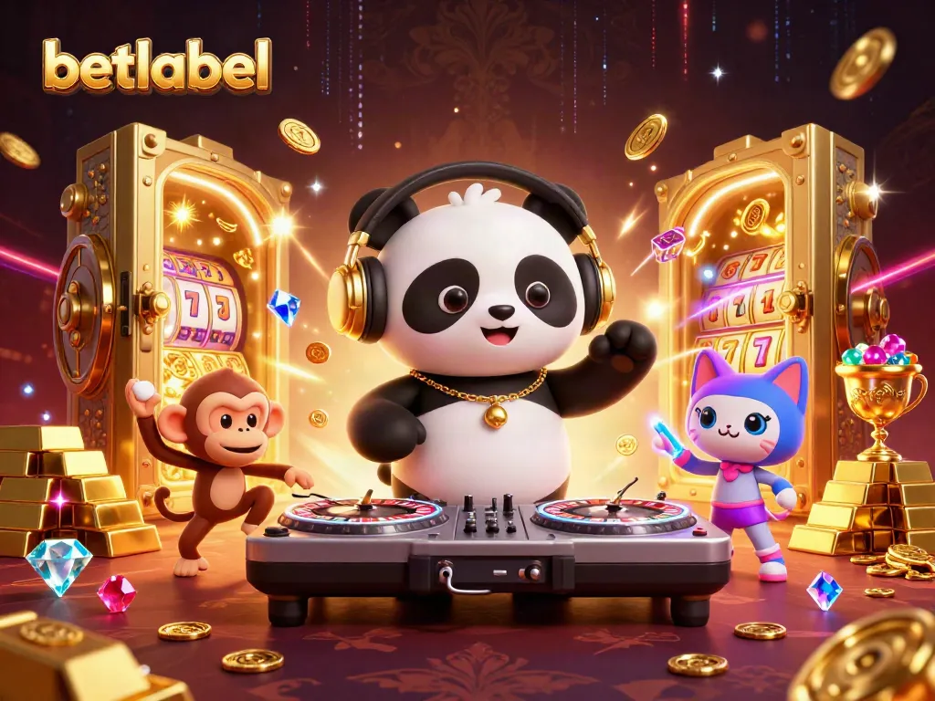 Betlabel offers an engaging scene with a DJ panda, breakdancing monkey, and a kitten, surrounded by casino riches.