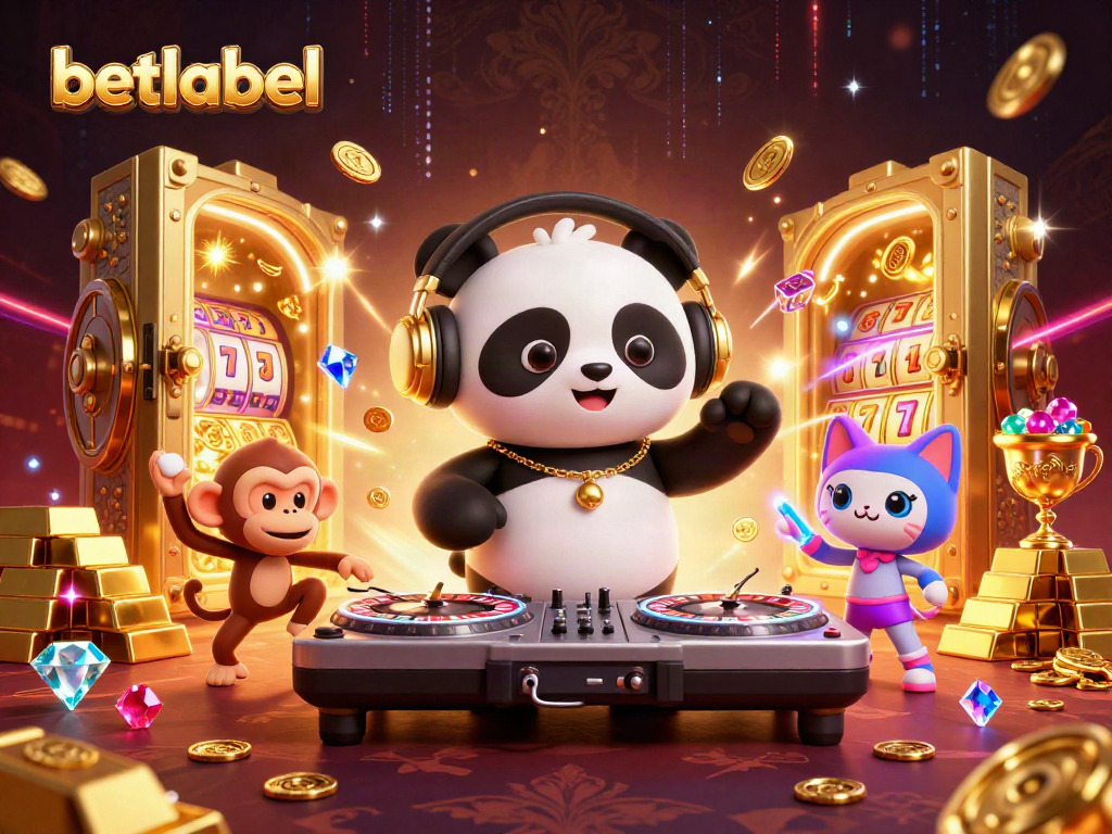 Betlabel offers an engaging scene with a DJ panda, breakdancing monkey, and a kitten, surrounded by casino riches.