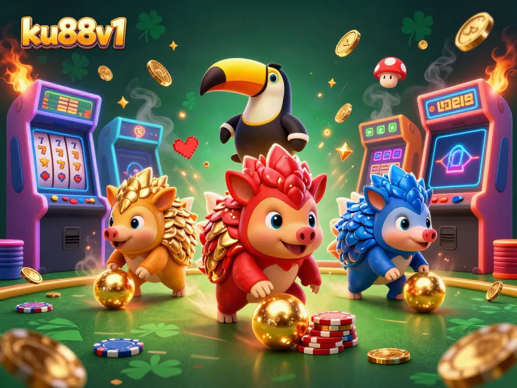 ku88v1 pangolins roll in golden balls as they bowl poker chips, captivating casino scene