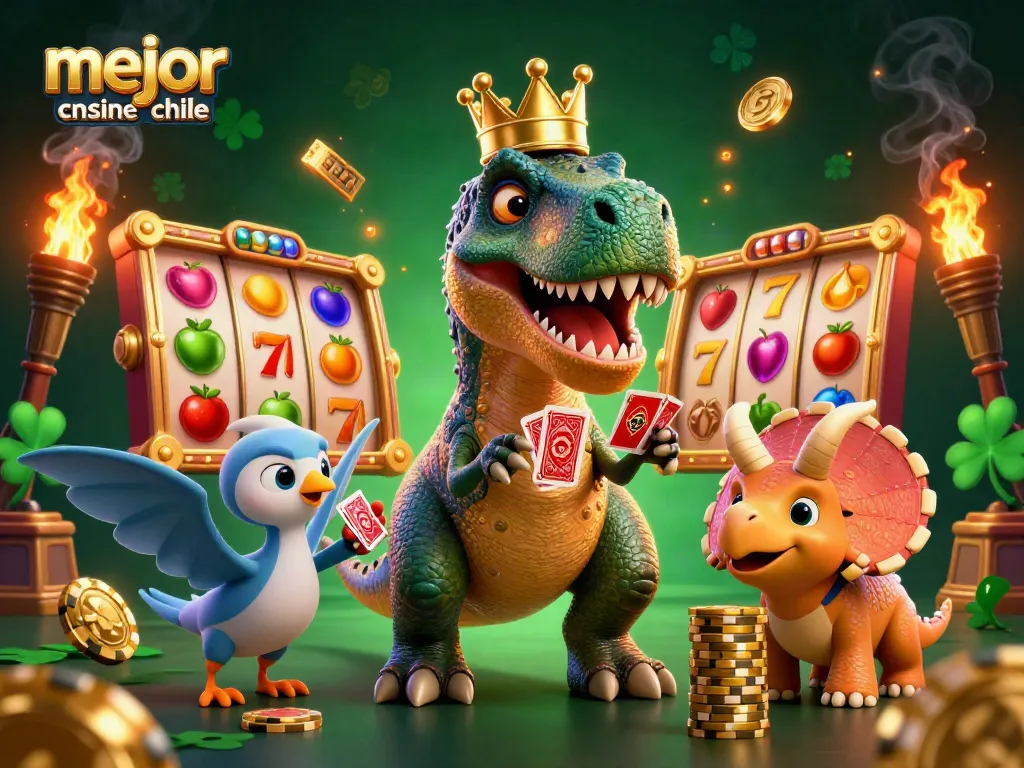 Juega en el mejor casino online Chile mientras el T-Rex baraja cartas y el triceratops apila fichas doradas.