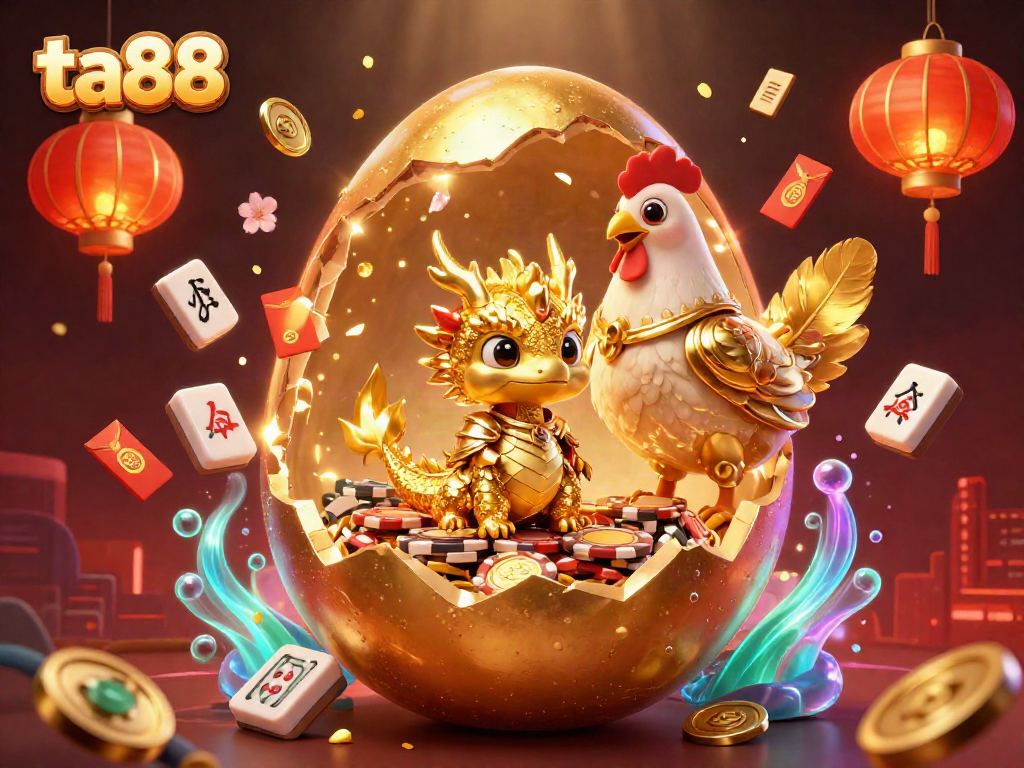 Experience the excitement of ta88 with this vibrant depiction of a golden dragon amidst poker chips and festive elements.
