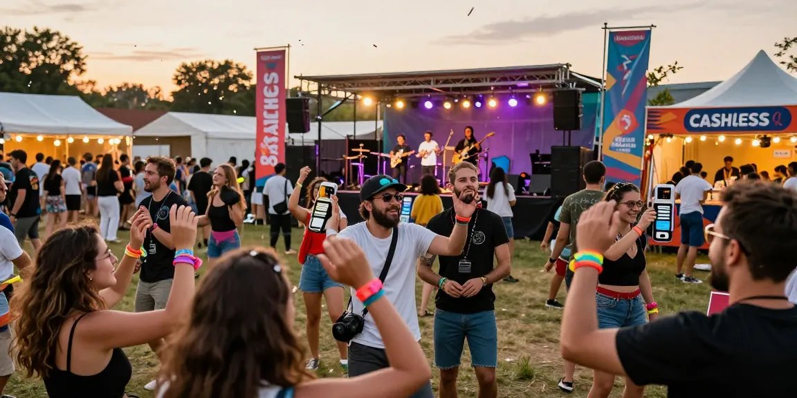 Cashless en festivales experience with diverse attendees enjoying vibrant festival atmosphere and using electronic wristbands.