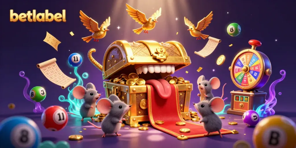 Experience thrilling gameplay at betlabel with vibrant lottery elements and a treasure chest mascot.