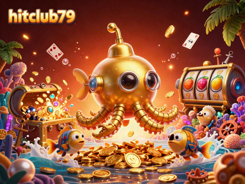 Join the adventure of hitclub79 with a golden kraken submarine amidst a treasure-laden ocean.