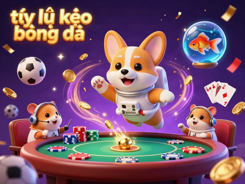 Engage with tỷ lệ kèo bóng đá strategies in this vibrant sports-themed casino scene featuring an astronaut corgi.
