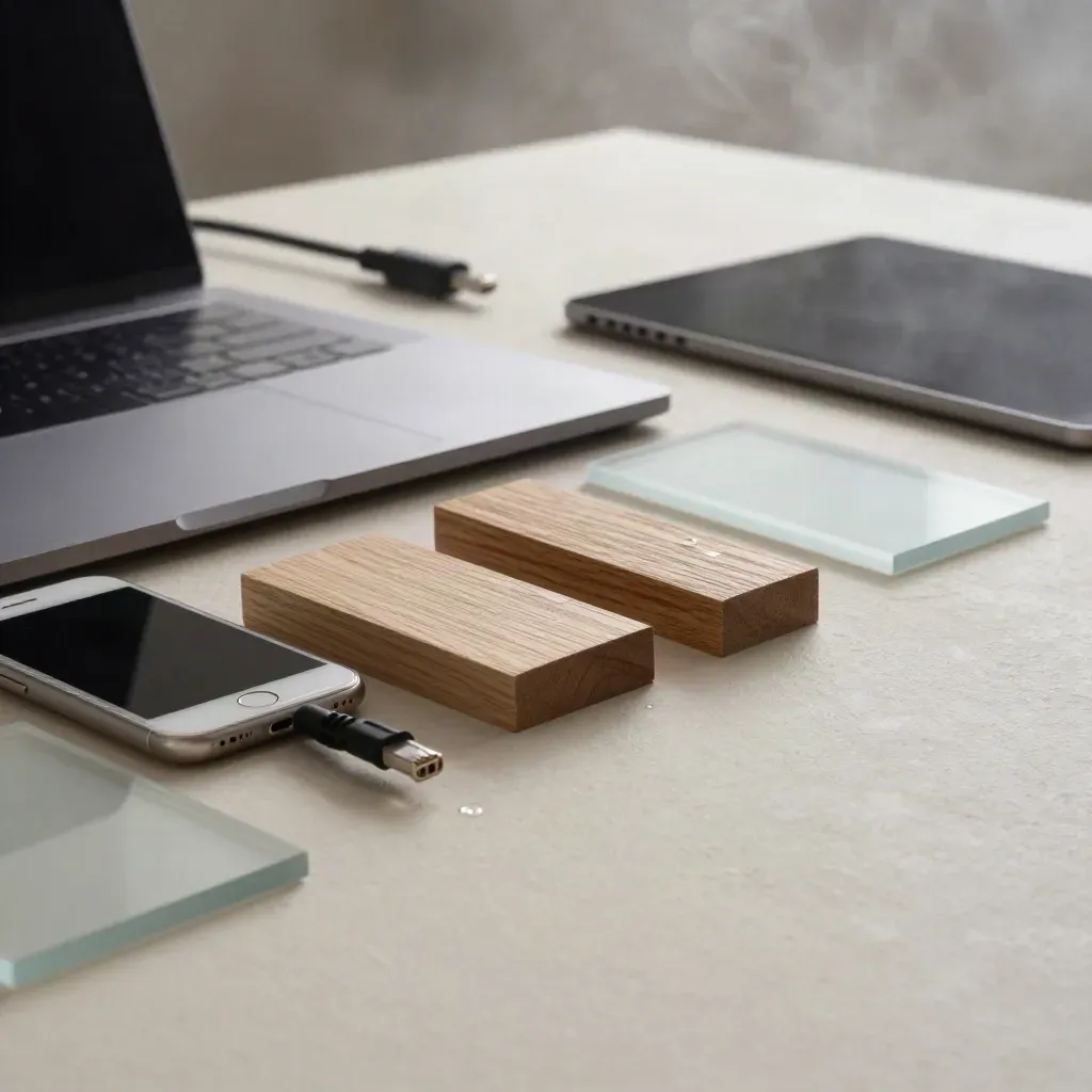 Maqueta premium de módulos web, portátil cerrado, móvil y tablet sobre madera y yeso con luz dramática.