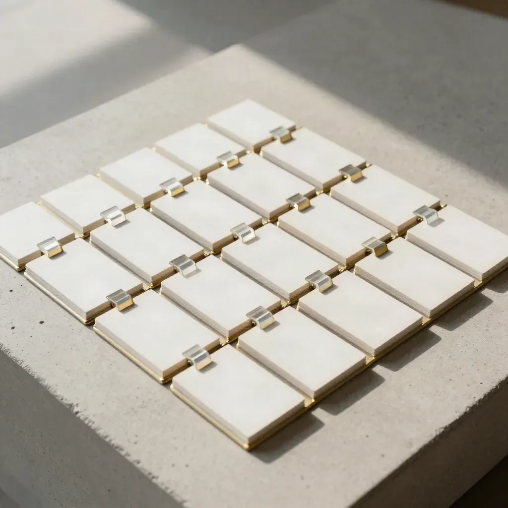 Sistema modular de CMS con tarjetas blancas, separadores de latón y pestañas acrílicas sobre hormigón.