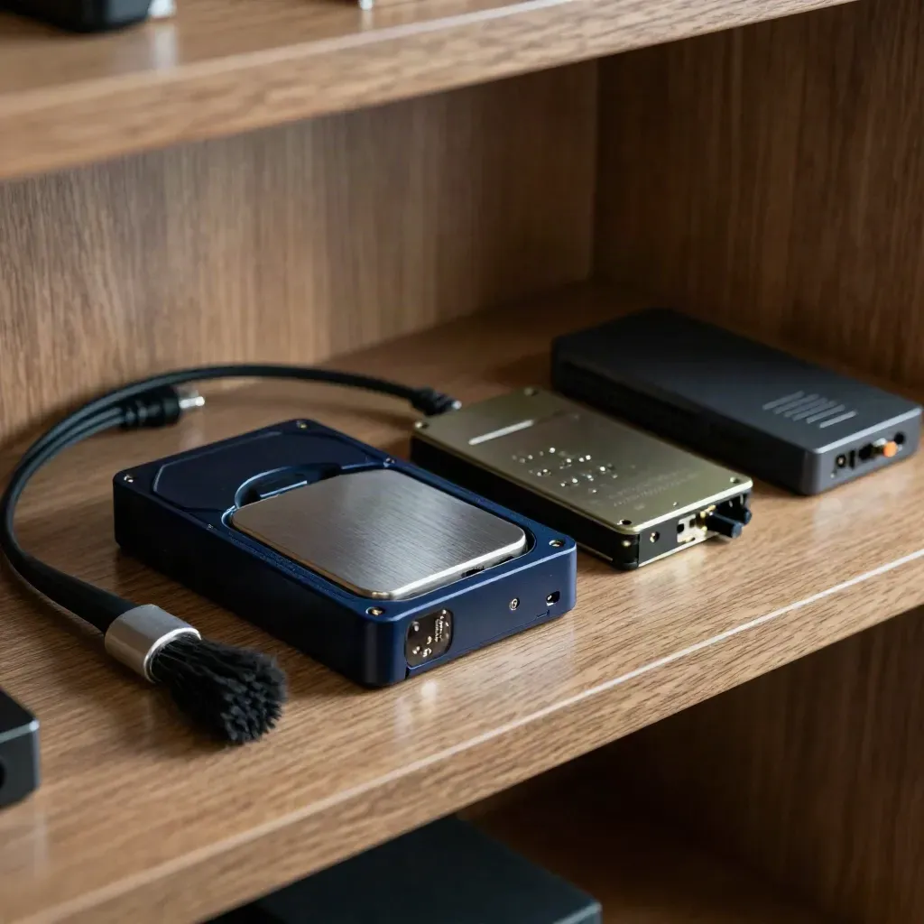 Kit de mantenimiento web sobre estante de roble con modem, SSD y cable, en luz dramática.
