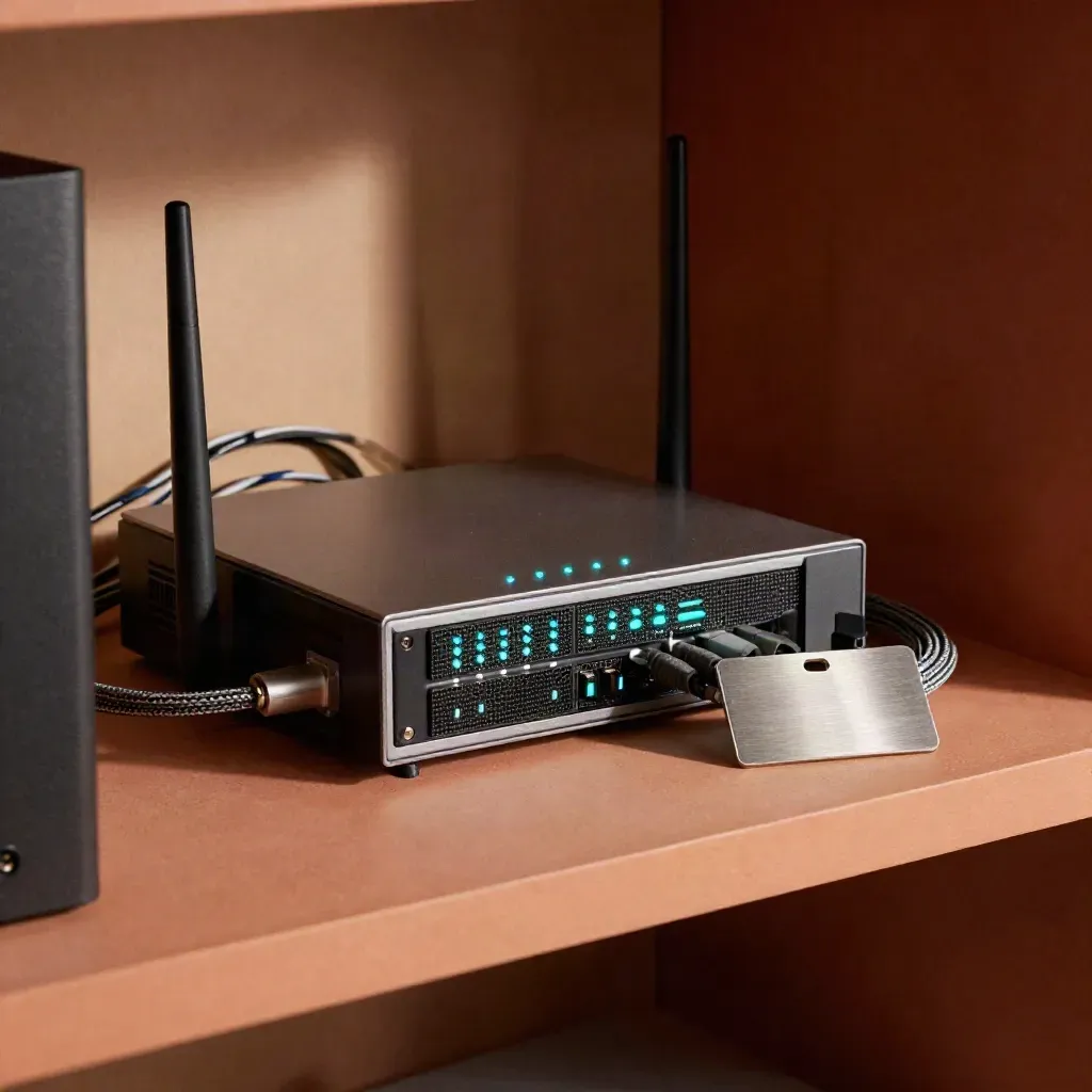Router y servidor compacto sobre metal cepillado, con luces cian y atmósfera técnica.