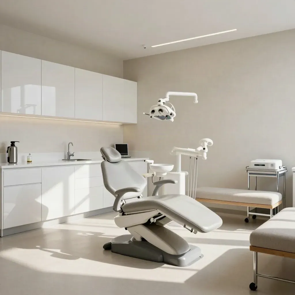 Clínica dental vacía y lista, con mobiliario blanco y luz cálida de mañana.