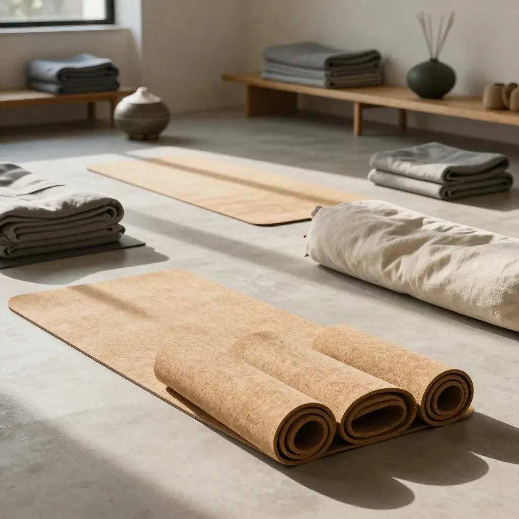 Estudio de yoga vacío y soleado con esterillas de corcho, bolsters de lino y mantas plegadas.