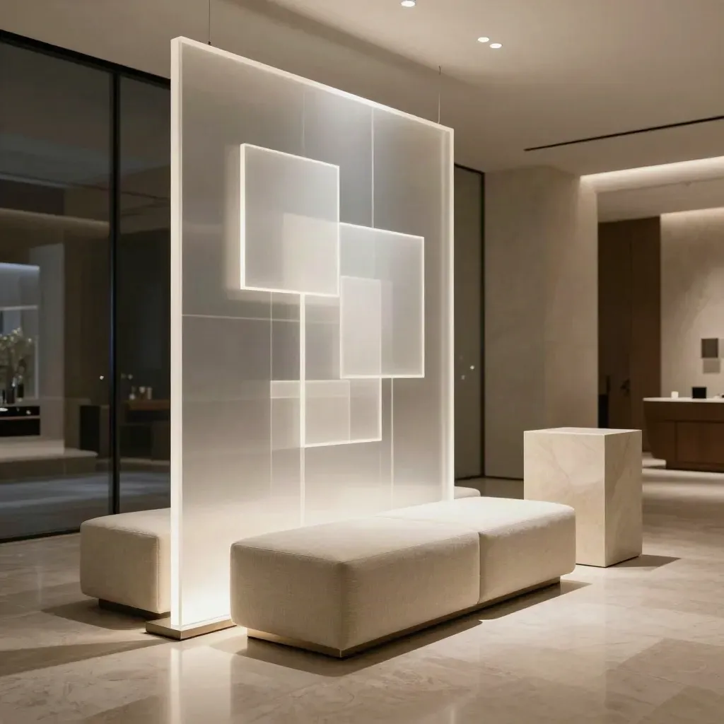 Lobby moderno de startup con panel acrílico iluminado, asientos modulares y pedestal de producto.