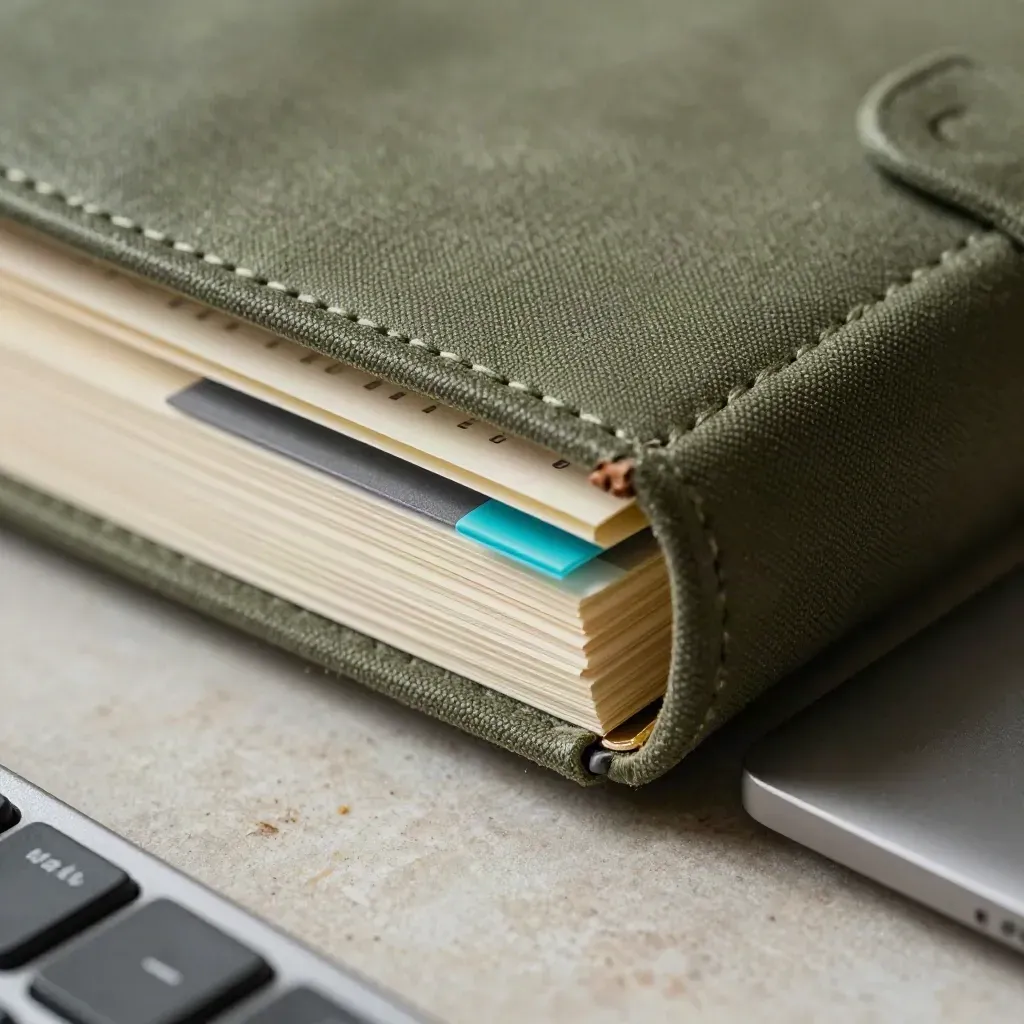 Libreta cerrada con pestañas de índice y teclado, en luz lateral dramática.