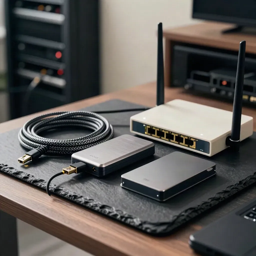 Cables ethernet, probador de red, SSD y router sobre pizarra oscura con luz suave.