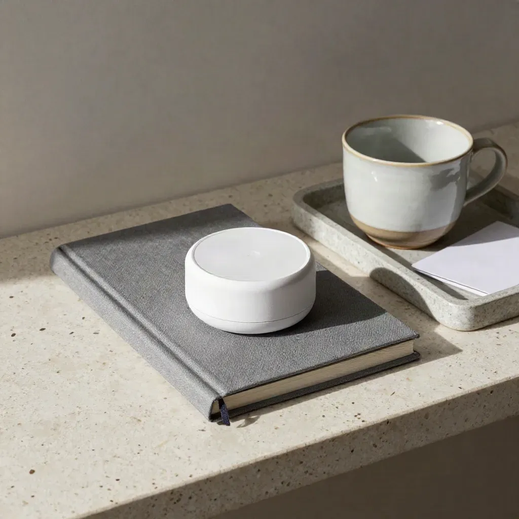 Cuaderno cerrado, altavoz y taza de cerámica en bandeja de piedra, luz suave lateral.