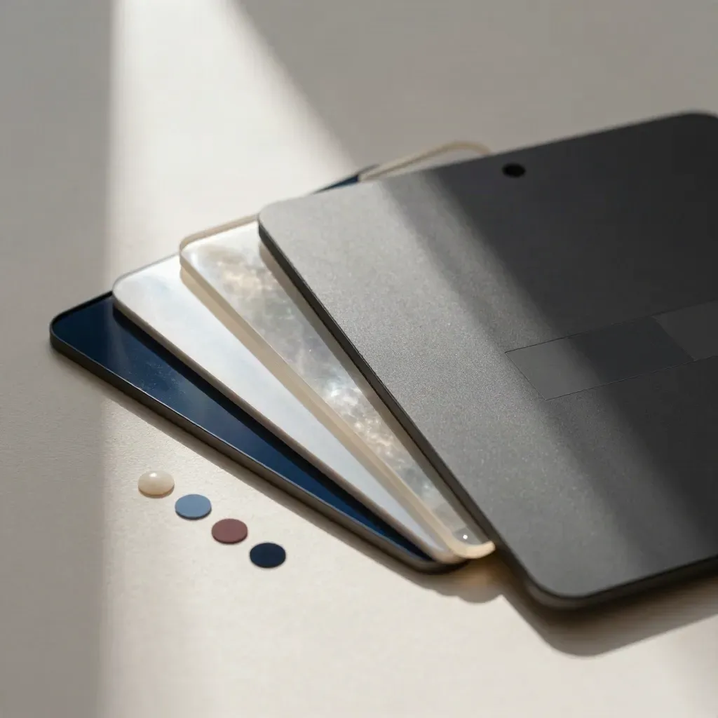 Capas acrílicas, chips de color y trackpad sobre yeso claro, estilo minimalista premium.
