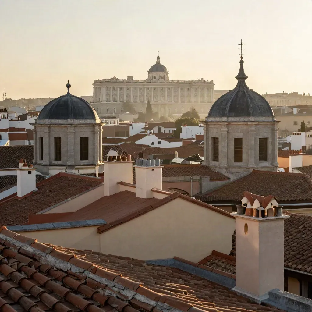 Azoteas de Madrid Centro al amanecer, con cúpulas de piedra y silueta palaciega entre bruma.
