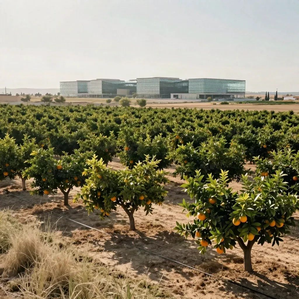 Campos de naranjos en Valencia con arquitectura de vidrio al fondo y cielo amplio.