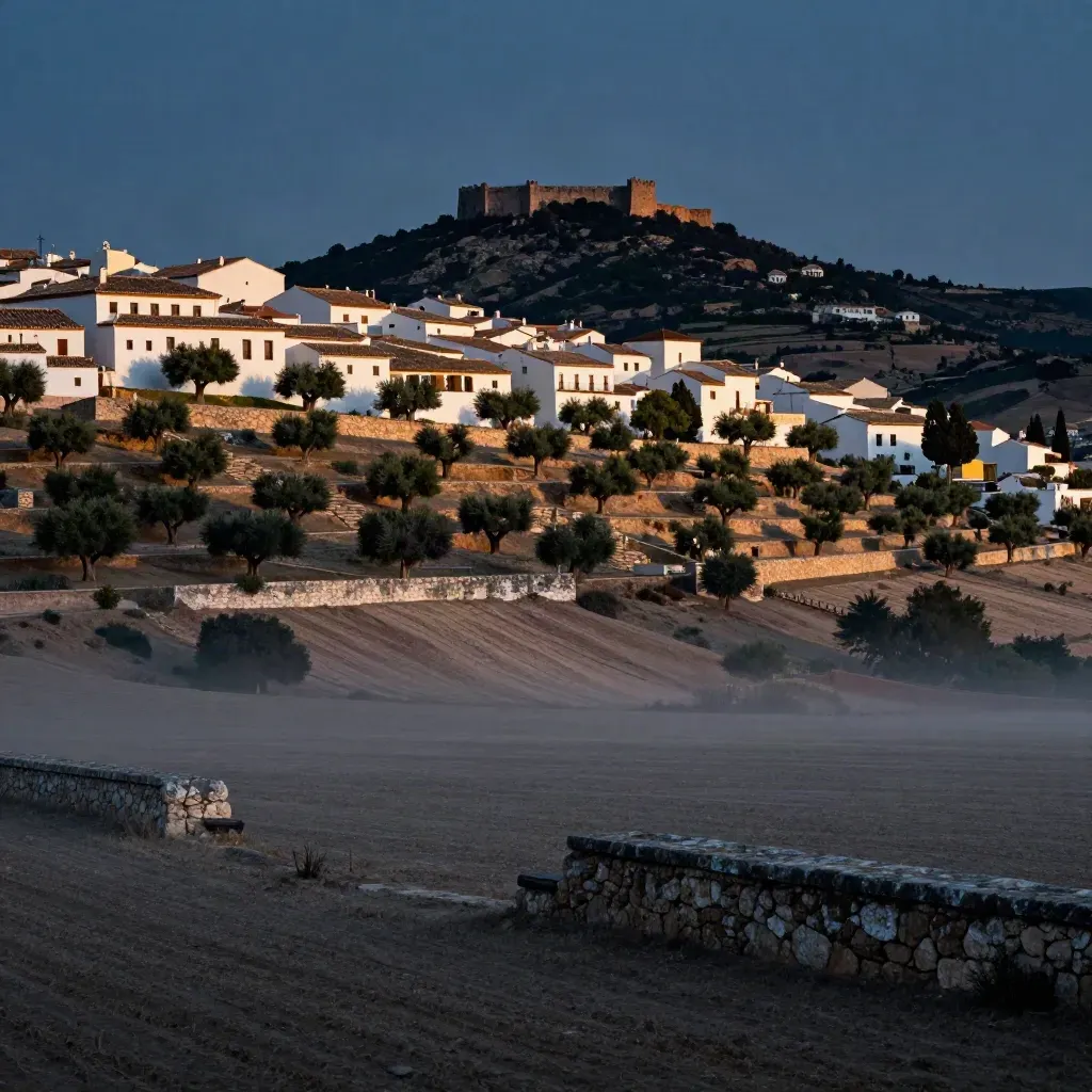 Murallas blancas y fortaleza en la colina sobre terrazas de olivos al atardecer en Andalucía.