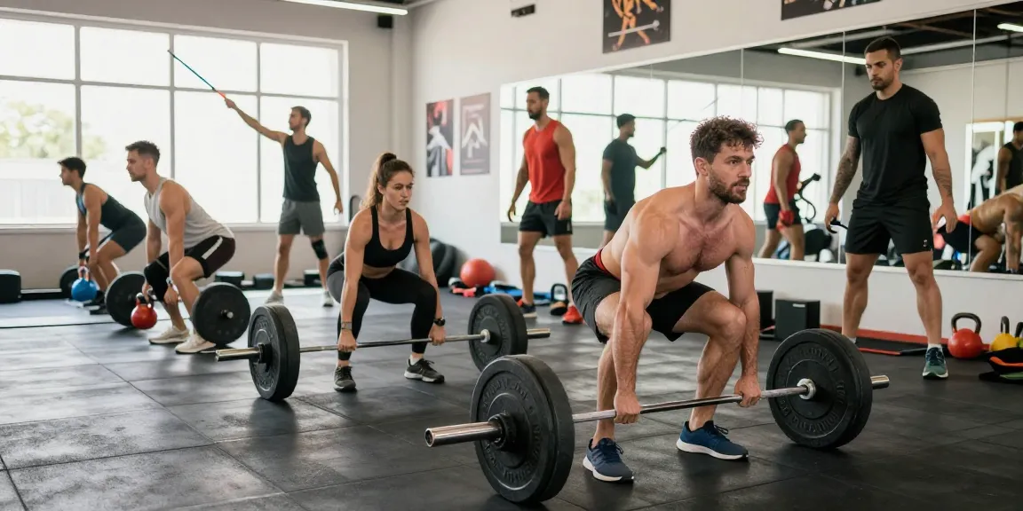 Atletas de fitness de Esteroidesshop entrenando con pesas en un entorno de gimnasio vibrante
