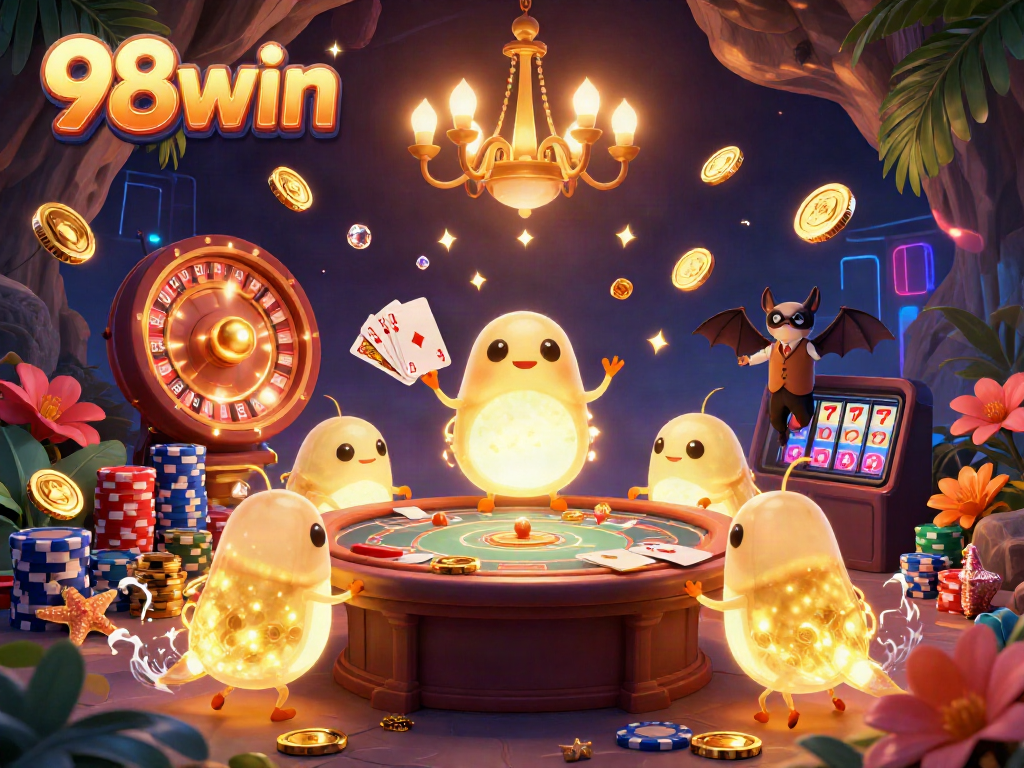 Experience the excitement of 98win with dazzling glowworms lighting up a vibrant casino scene filled with games.