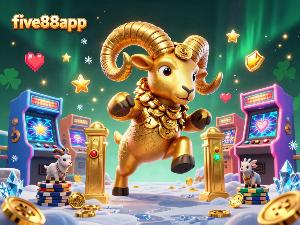 Experience thrilling gaming action with five88app featuring a golden ram amidst vibrant casino elements.