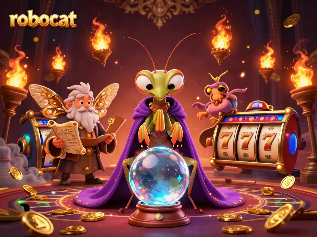 Experience thrilling wins with robocat in this dynamic casino scene featuring vibrant slot elements.