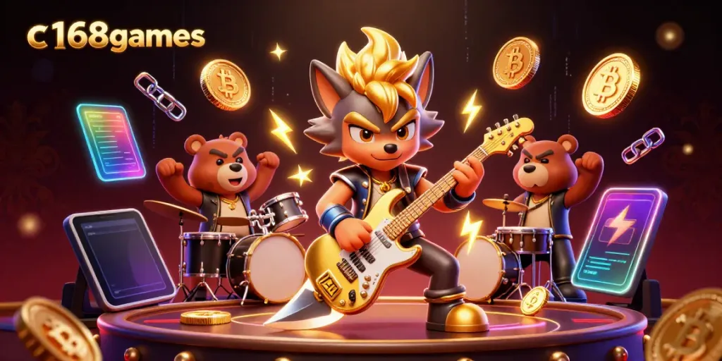 Experience c168games with this vibrant 3D casino scene featuring crypto elements and engaging characters.