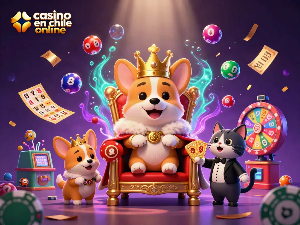 Participa en el casino en Chile online con un corgi real jugando entre bolas de lotería y premios dorados.