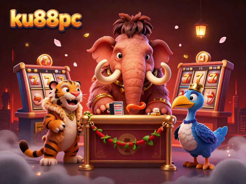 ku88pc celebrates vibrant casino fun with a woolly mammoth bouncer, VIP saber-tooth guest, and lively game elements.