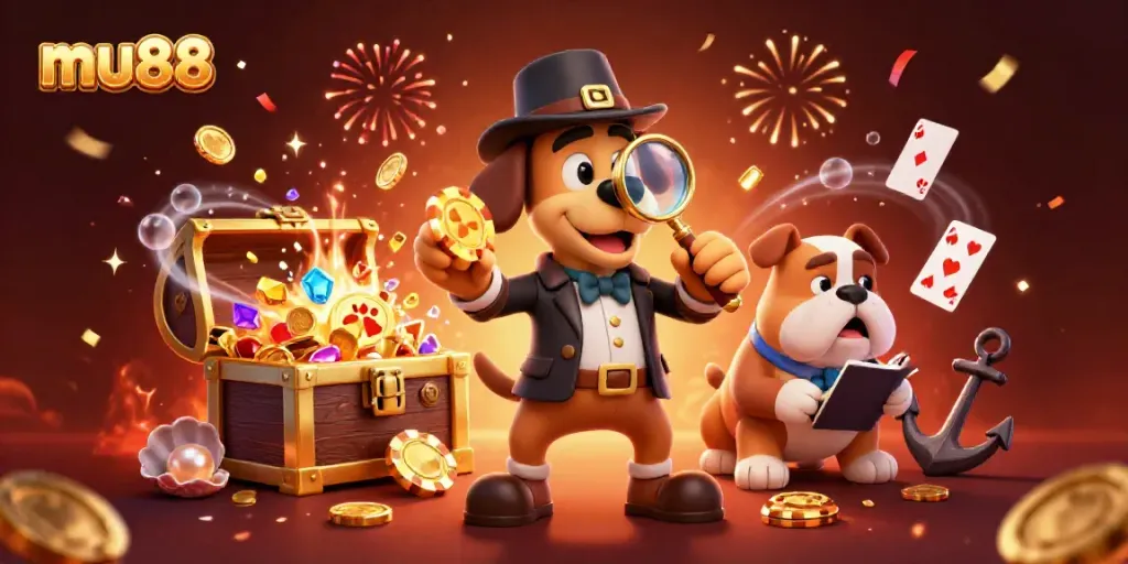 Join the excitement of mu88 with detectives exploring hidden gambling treasures in a vibrant underwater scene.