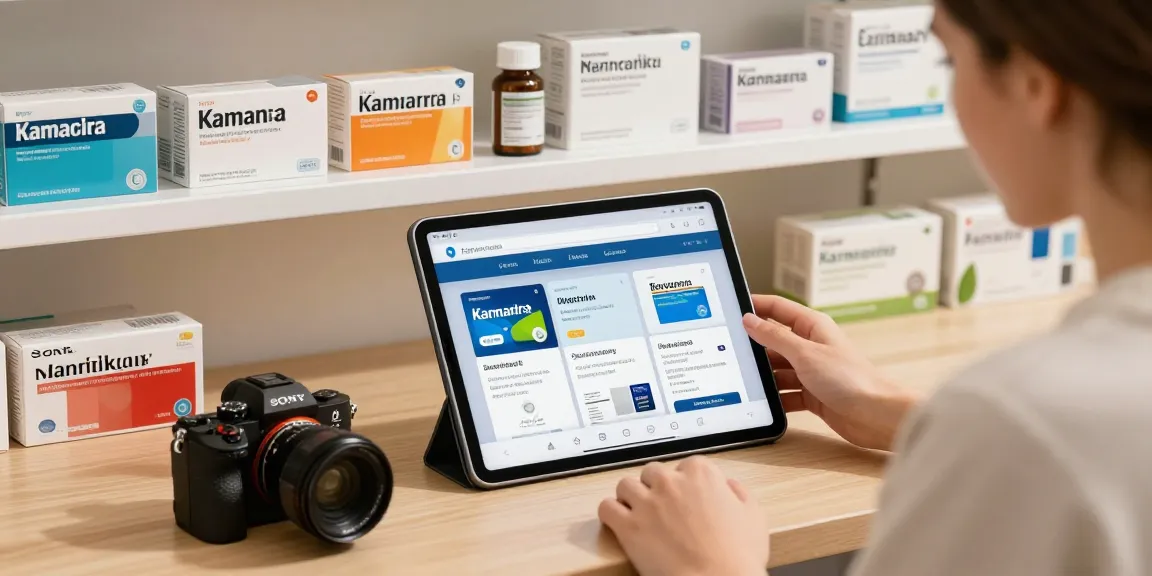 Comprar kamagra España online in a modern pharmacy setup showcasing various medications and a user browsing through options.