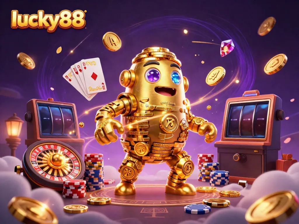 Experience the thrill of lucky88 with a dynamic 3D illustration of a golden golem and casino elements.