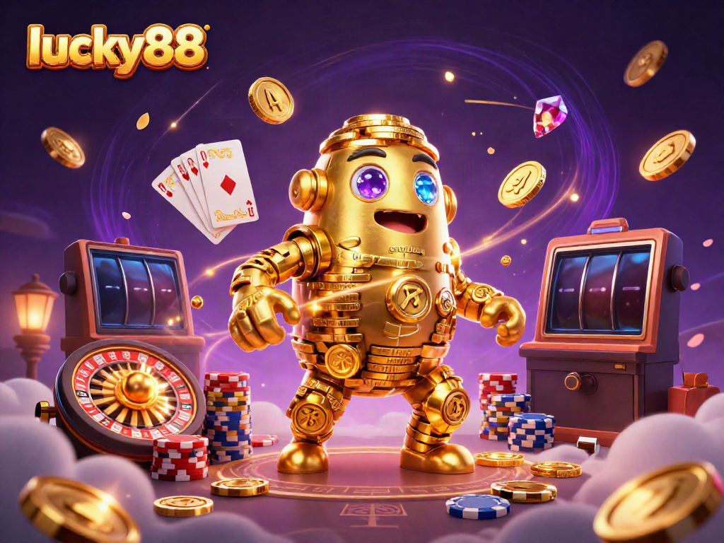 Experience the thrill of lucky88 with a dynamic 3D illustration of a golden golem and casino elements.