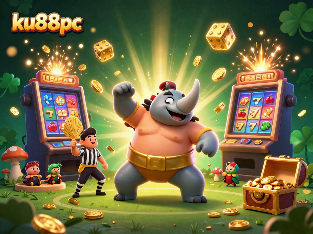 ku88pc features a vibrant illustration of a rhinoceros beetle sumo champion celebrating a big win with coins flying