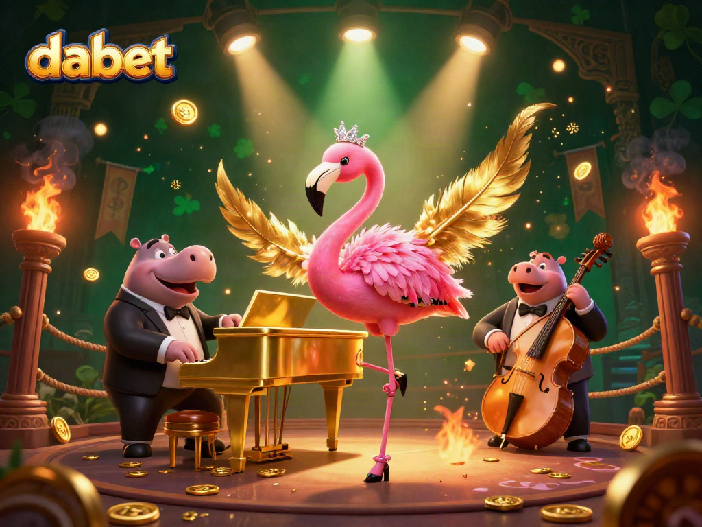 dabet promotes excitement with a lively flamingo and hippo performing in a vibrant casino scene.