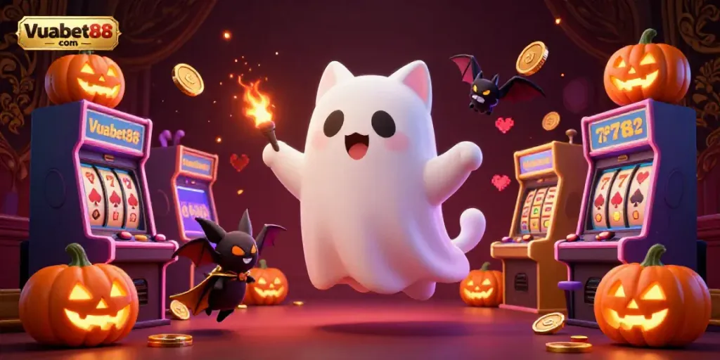 Experience the excitement at Vuabet88 com with a ghost cat, vampire bat, and glowing poker jack-o-lanterns in a lively casino.