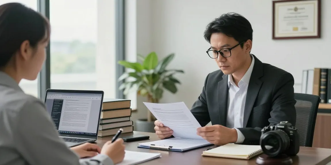 Attorney reviewing case materials for full report preparation, showcasing professionalism in a modern legal office.