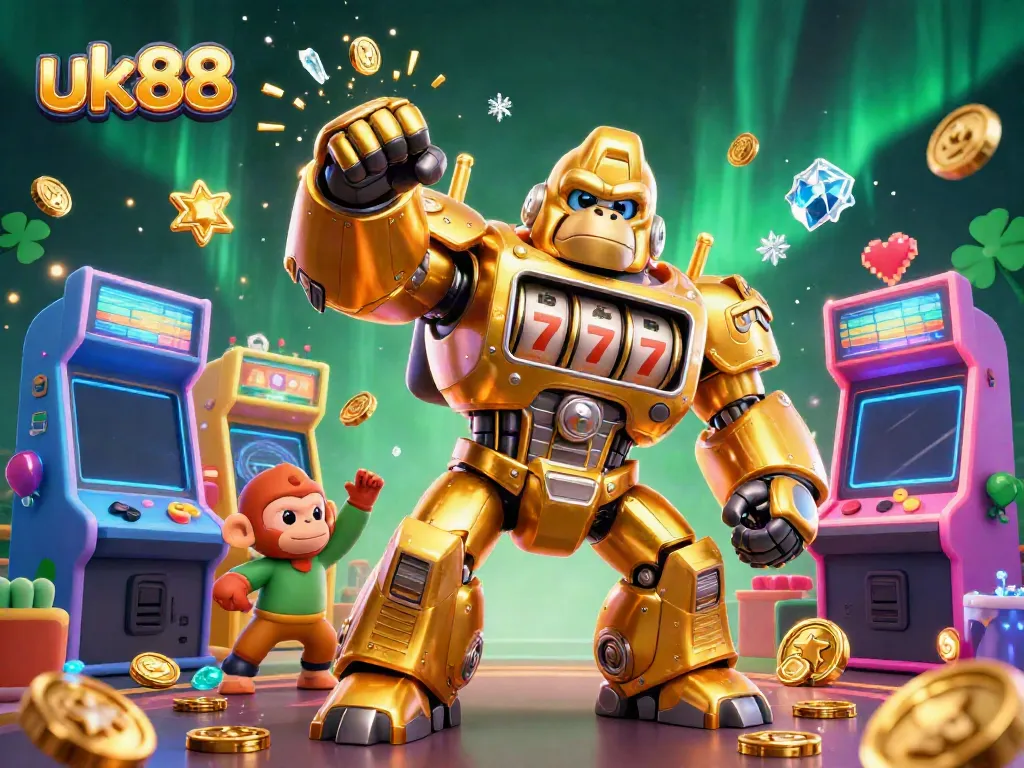 Experience thrilling gaming action with uk88, featuring a dynamic golden gorilla mech, arcade games, and cascading coins.