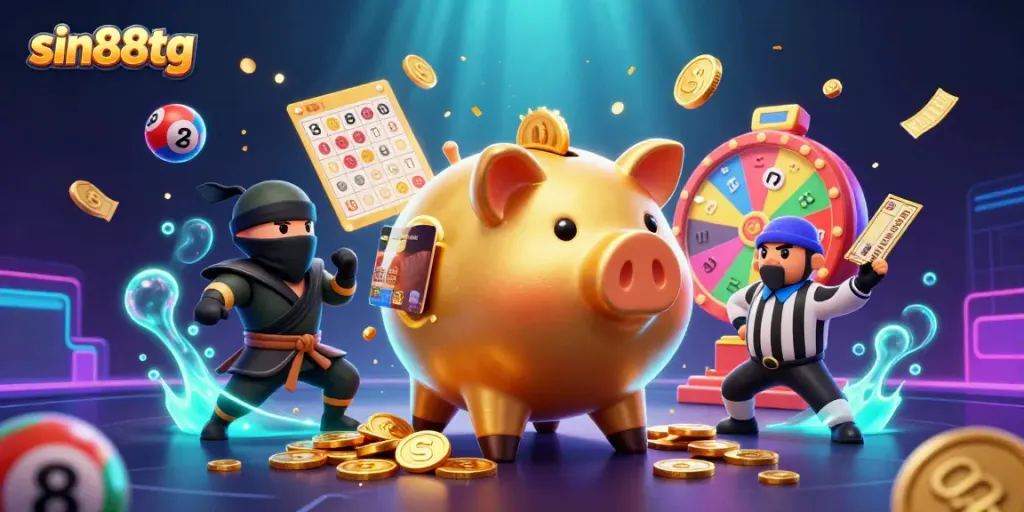 Experience the excitement of sin88tg's vibrant casino scene with a golden piggy bank sumo wrestler and dynamic game elements.