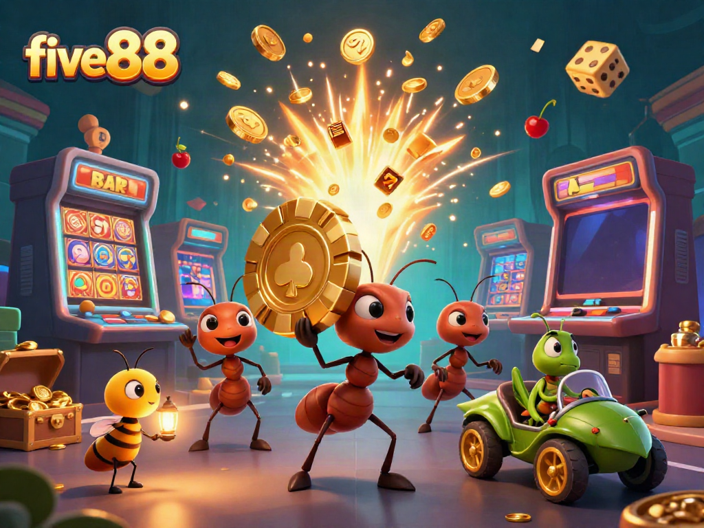 Experience the excitement of five 88 with ants carrying a golden chip amidst a lively casino scene.