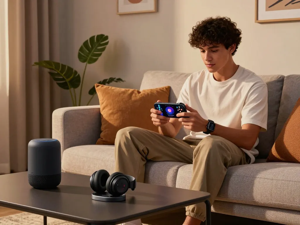 Best tech gadgets for men showcased in a cozy living room with a man using Bluetooth devices.