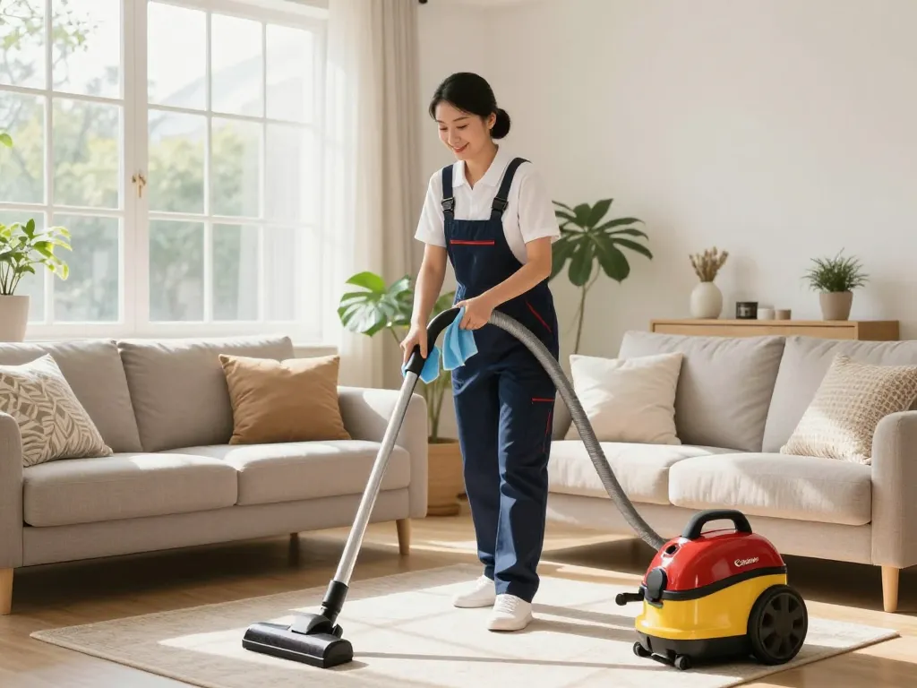 Profesionales del hogar limpiando hábilmente una sala brillante con suministros ecológicos, mostrando una atmósfera hogareña acogedora.