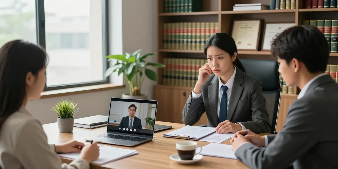 Consulta legal en valken.legal con un abogado en oficina moderna, documentos legales y clientes preocupados.