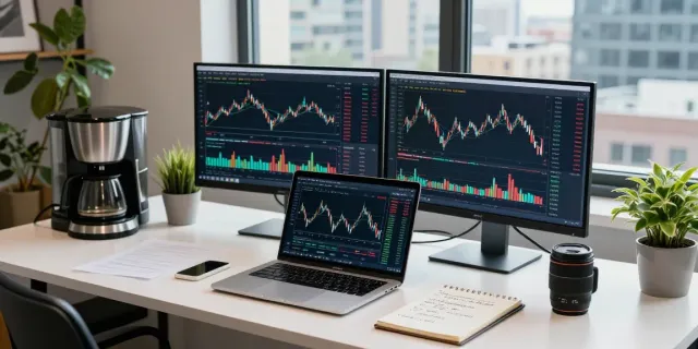 La plataforma Phuwerte Inwersowia con analista revisando algoritmos de IA para trading en un entorno moderno.