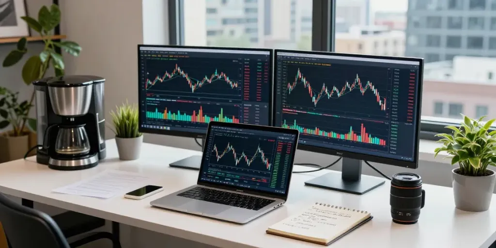 La plataforma Phuwerte Inwersowia con analista revisando algoritmos de IA para trading en un entorno moderno.