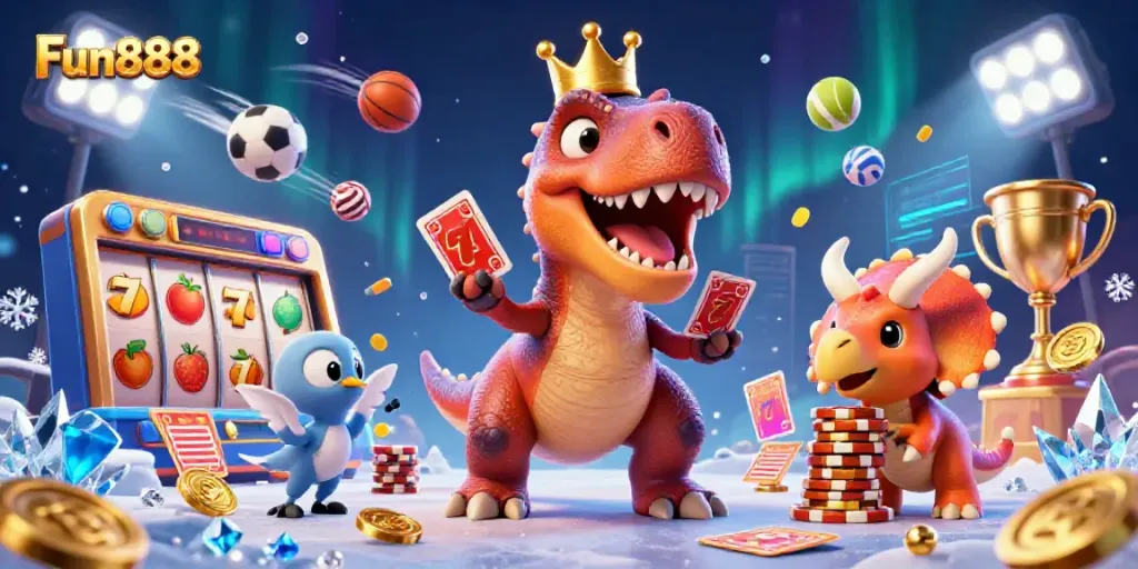 Experience exhilarating fun at Fun888 with a 3D cartoon T-Rex and friends in a lively casino scene.