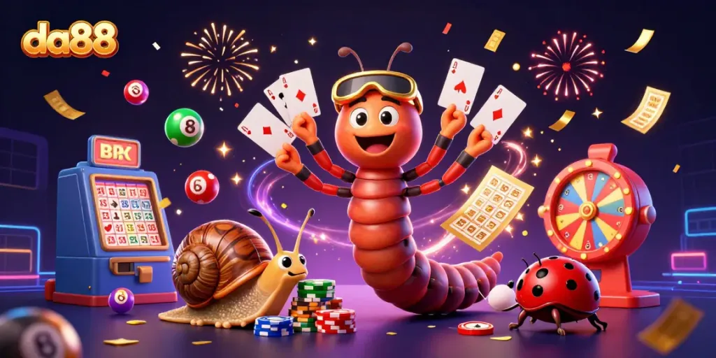 Experience thrilling gaming with da88's vibrant casino characters, cards, and colorful elements.