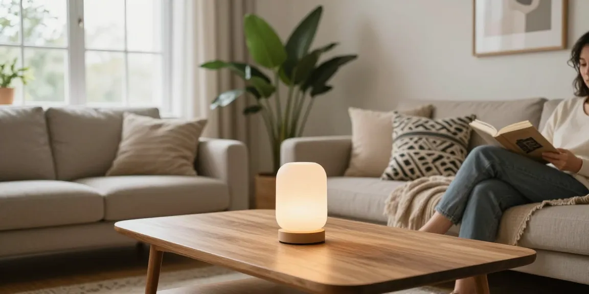 Ambiente acogedor del hogar con una lampara mesita noche nórdica sobre una mesa de café moderna, mostrando estilo escandinavo y cálida luz natural.