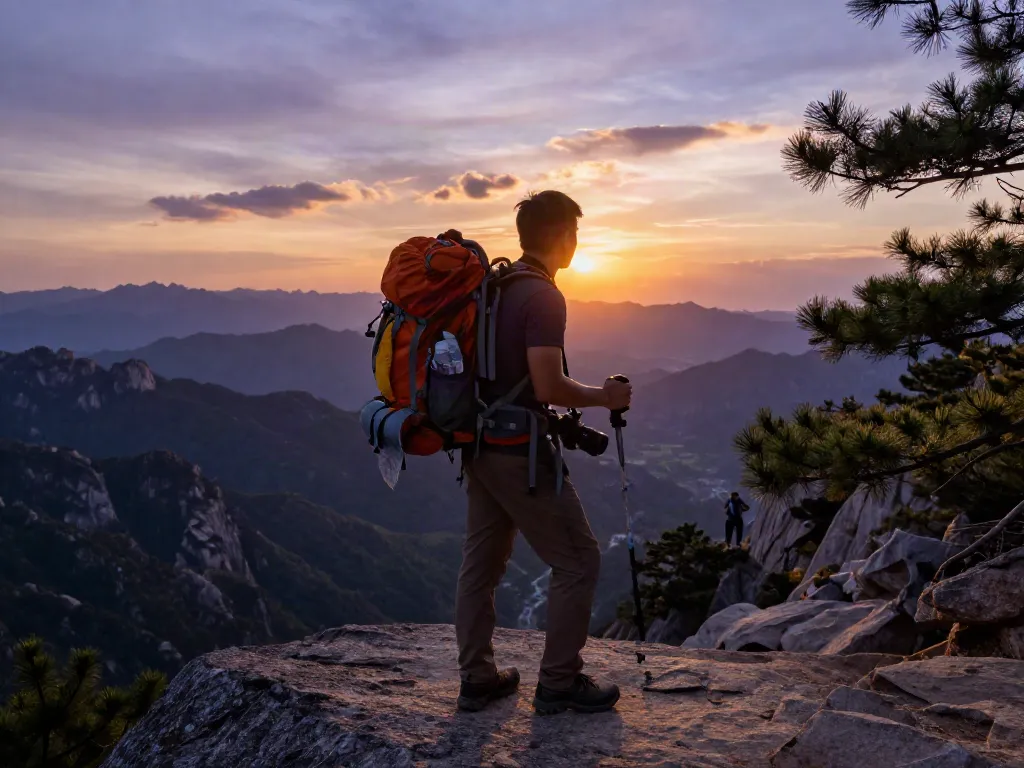 Escena de aventura al aire libre con siera kaudalor en un mirador montañoso al atardecer.